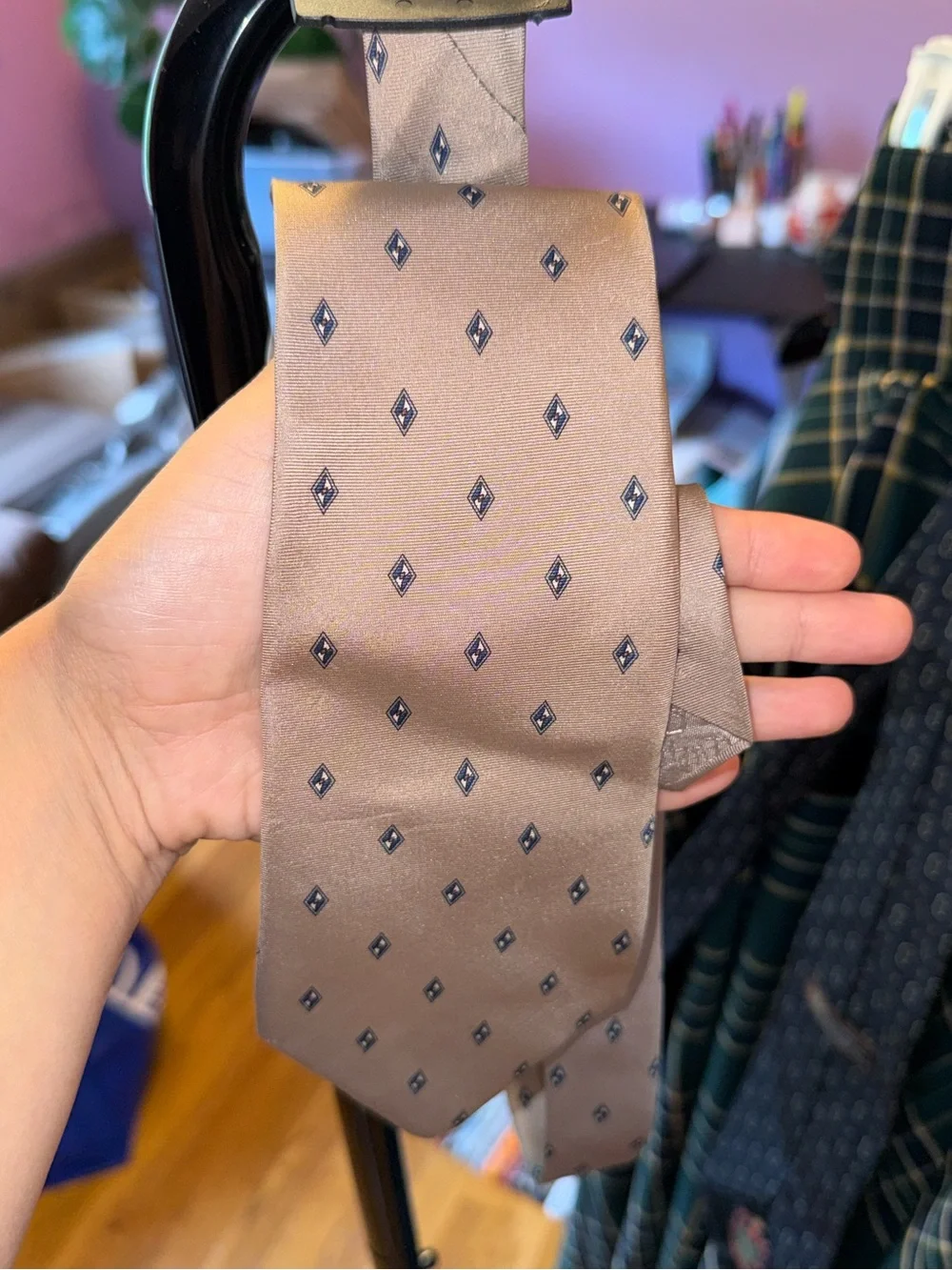 Christian Dior 100% Silk Geometric Diamond Necktie Champagne Beige